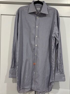 Kiton White W Blue/gray Striped Button Up Dress Shirt Mens 17 Made in Italy